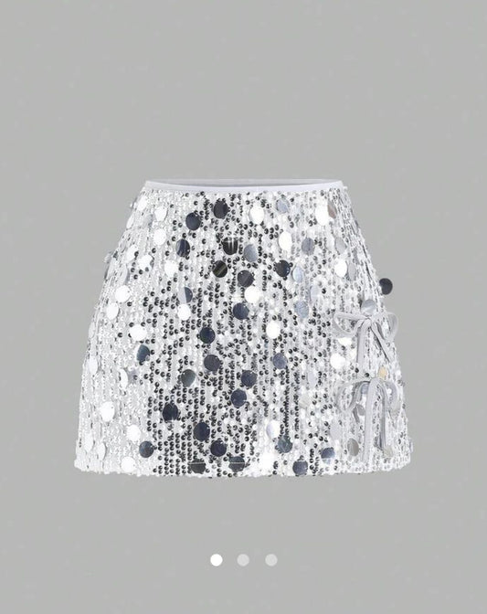 Sequin Mini Skirt With Side Bow Tie // Silver
