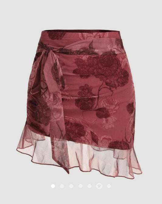 Floral Print Tie-Front Ruched Skirt // Red