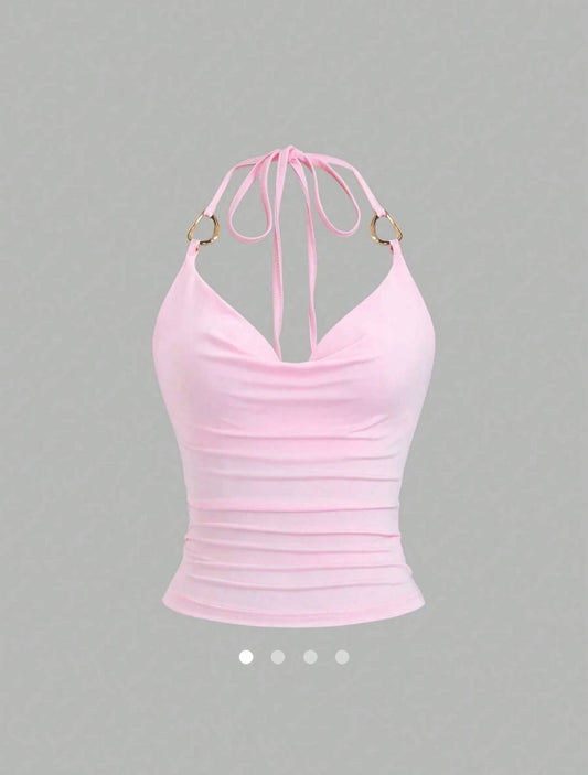 Metallic Decor Halter Top // Pink