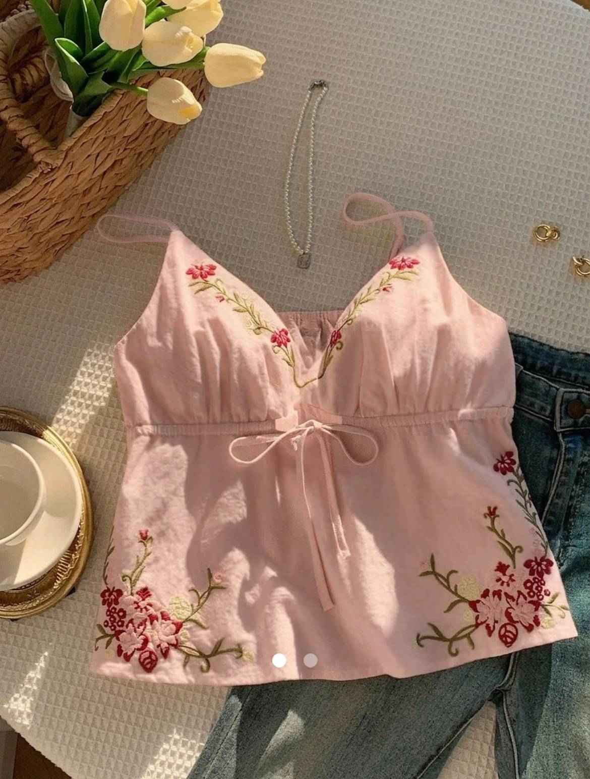 Embroidered Cami Top // Pink