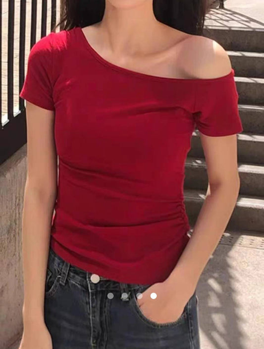 Off Shoulder Pullover T-Shirt // Red