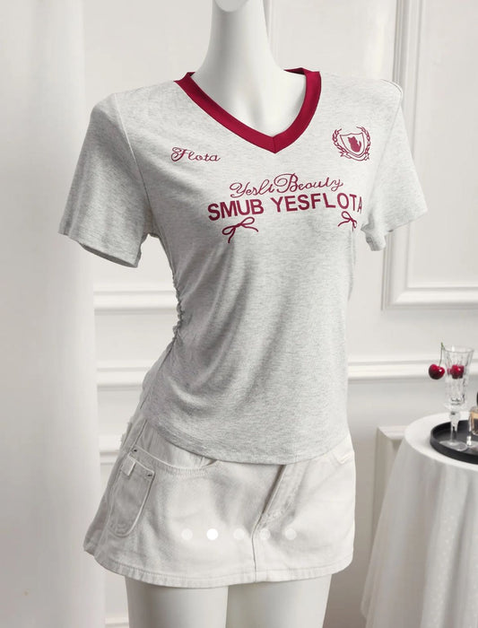 Gathered Pullover T-Shirt // Grey & Red