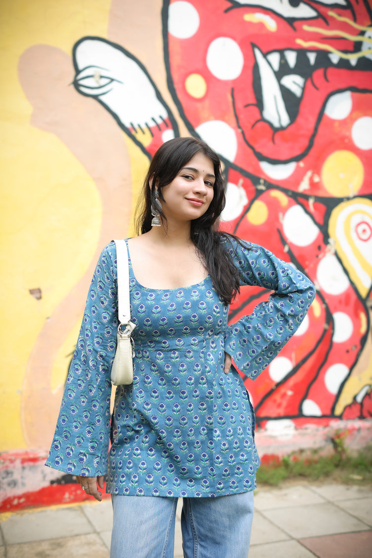 Hand Block Short Kurti (100% Cotton) // Blue