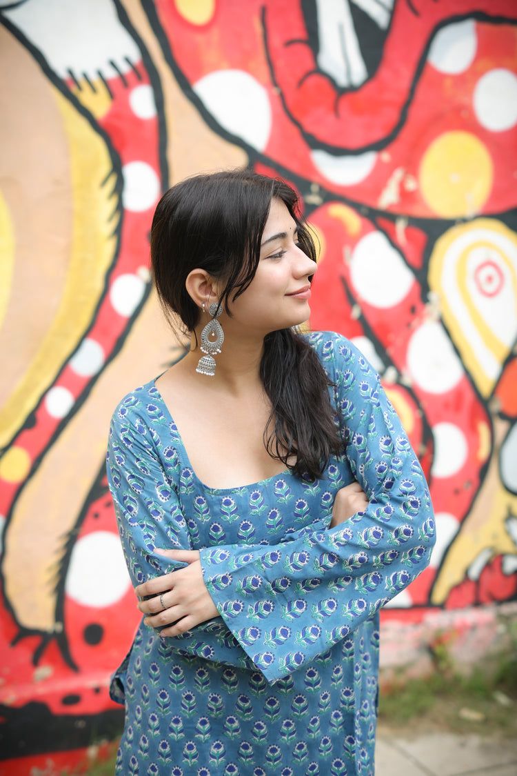 Hand Block Short Kurti (100% Cotton) // Blue
