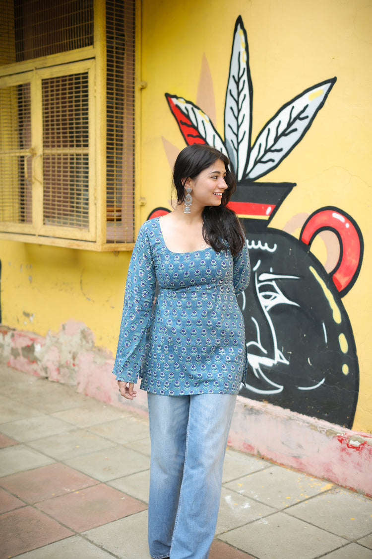 Hand Block Short Kurti (100% Cotton) // Blue