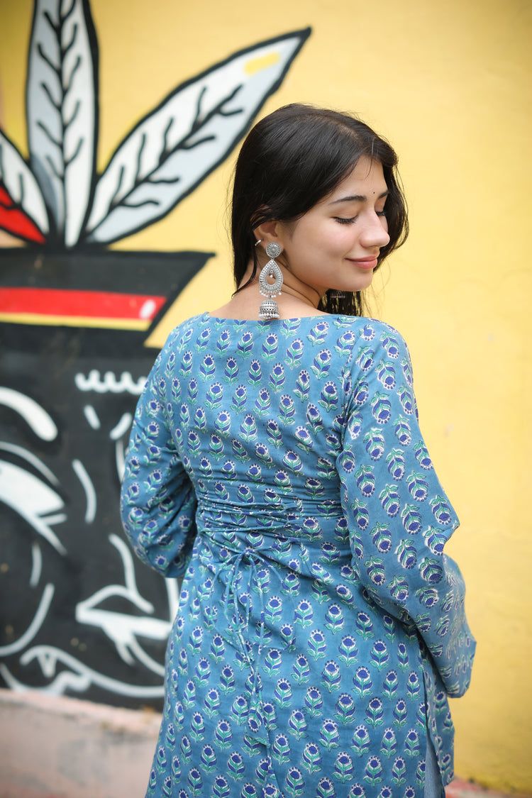 Hand Block Short Kurti (100% Cotton) // Blue