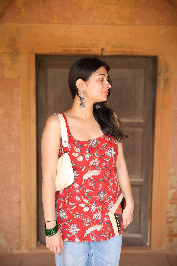 Hand Block Short Kurti (100% Cotton) // Red