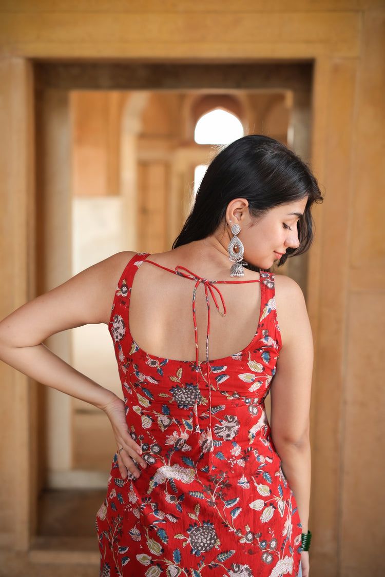 Hand Block Short Kurti (100% Cotton) // Red