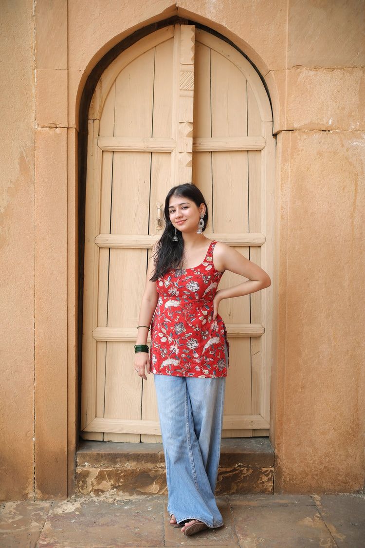 Hand Block Short Kurti (100% Cotton) // Red