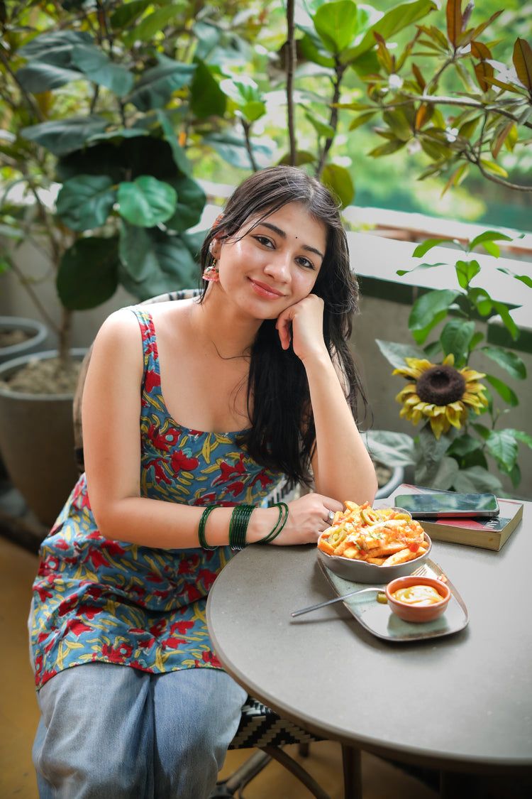 Printed Hand Block Short Kurti (100% Cotton) // Red & Blue