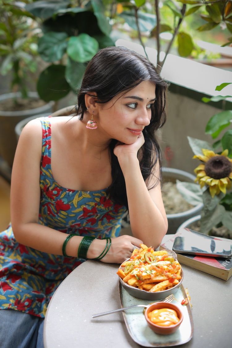 Printed Hand Block Short Kurti (100% Cotton) // Red & Blue