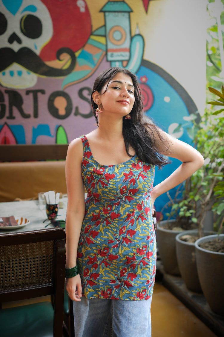 Printed Hand Block Short Kurti (100% Cotton) // Red & Blue