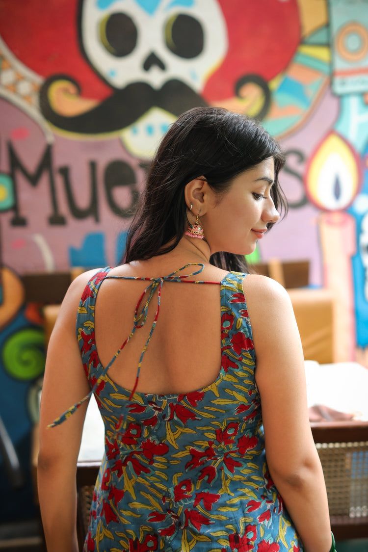 Printed Hand Block Short Kurti (100% Cotton) // Red & Blue