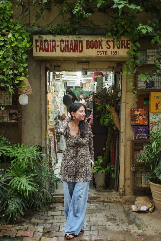 Hand Block Short Kurti (100% Cotton) // Black