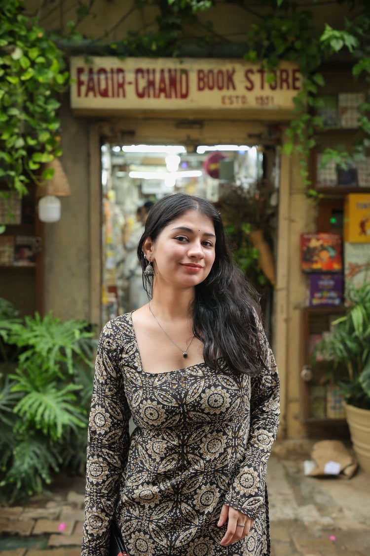 Hand Block Short Kurti (100% Cotton) // Black