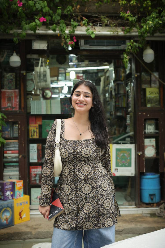 Hand Block Short Kurti (100% Cotton) // Black