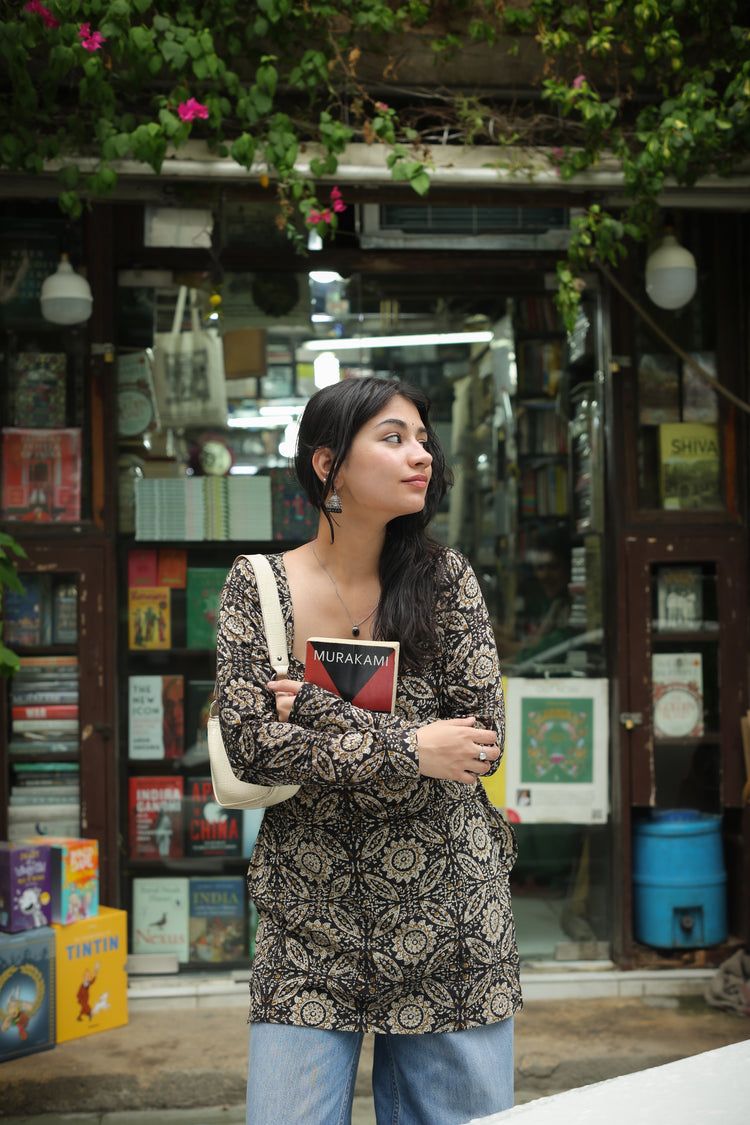 Hand Block Short Kurti (100% Cotton) // Black