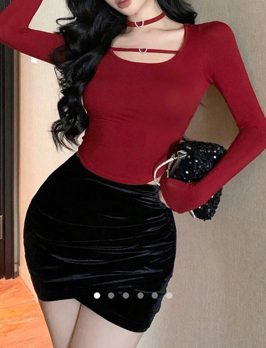 Full Sleeves Top with Choker // Red