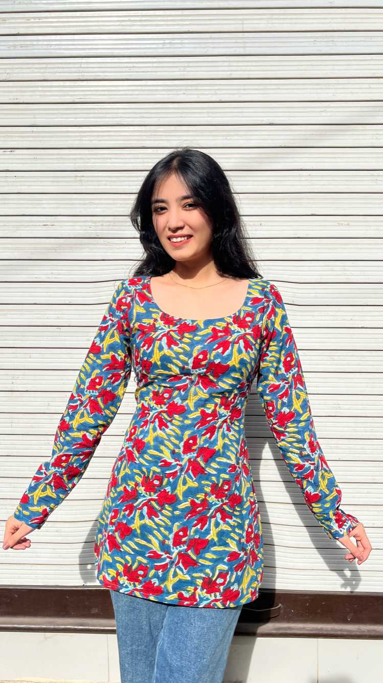 Full Sleeves Short Kurti (100% Cotton) // Red & Blue