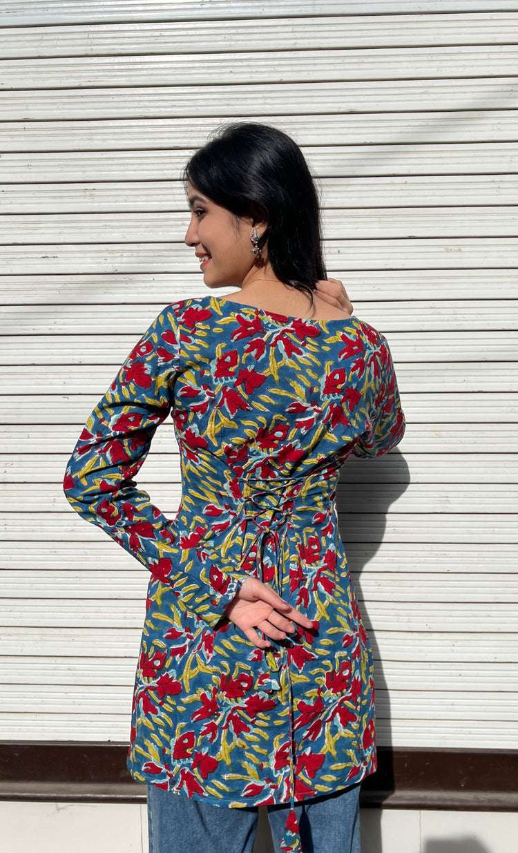 Full Sleeves Short Kurti (100% Cotton) // Red & Blue