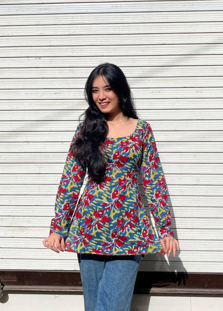 Full Sleeves Short Kurti (100% Cotton) // Red & Blue