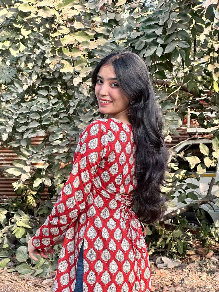 Heera Hand Block Full Sleeves Short Kurti (100% Cotton) // Red