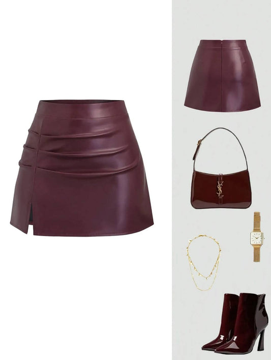 Faux Leather Gathered A-Line Skirt // Burgundy