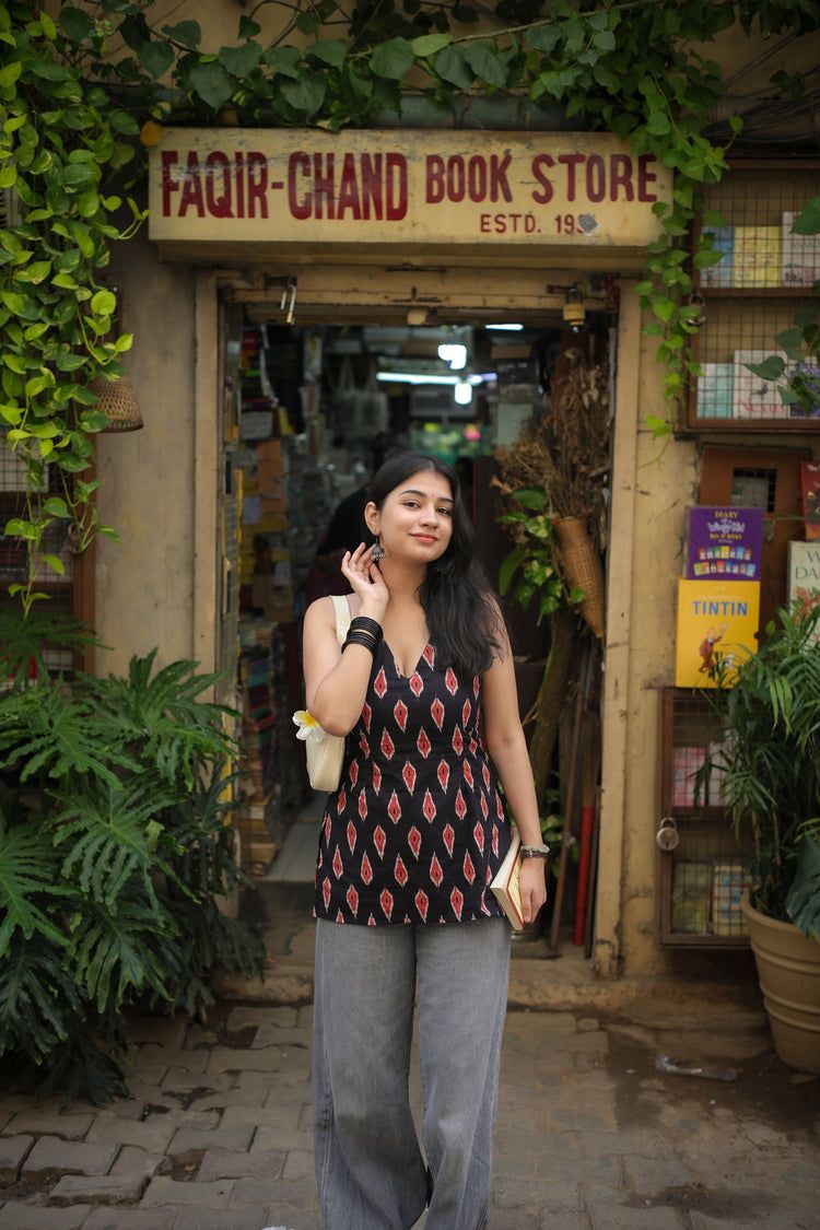 Tashan Hand Block Short Kurti (100% Cotton) // Black