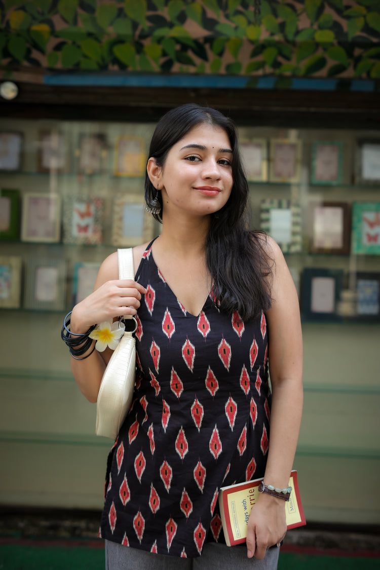 Tashan Hand Block Short Kurti (100% Cotton) // Black