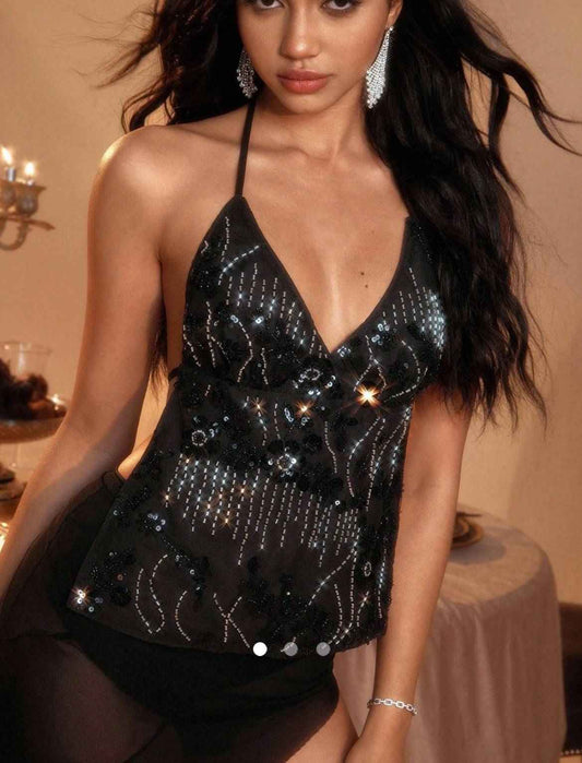 Sequin Backless Top // Black