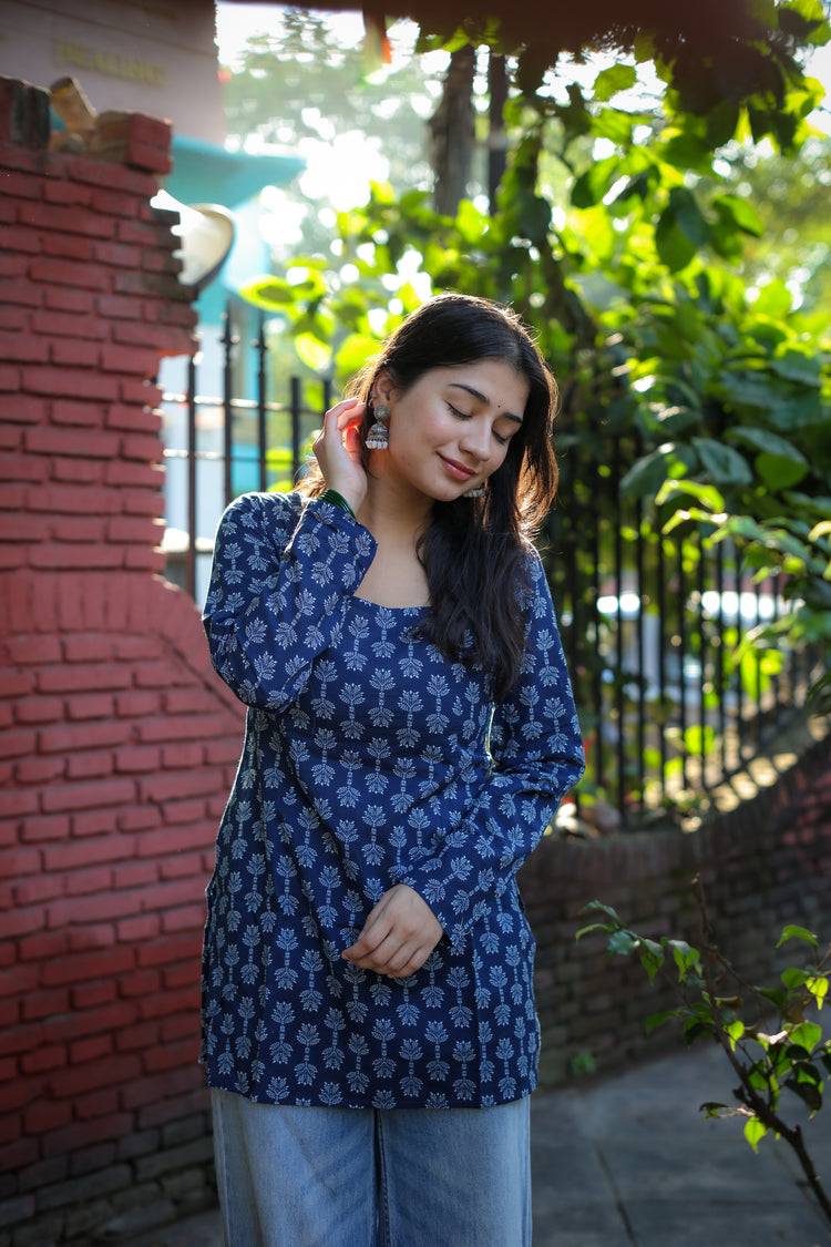 Neelam Hand Block Short Kurti (100% Cotton) // Blue