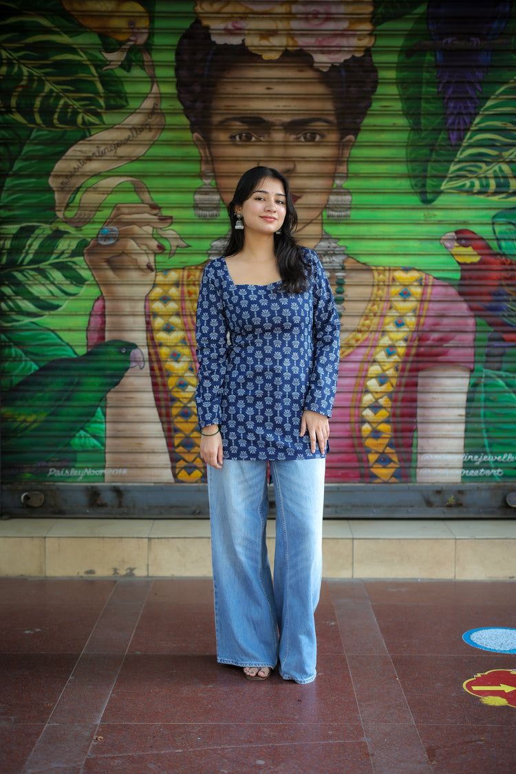 Neelam Hand Block Short Kurti (100% Cotton) // Blue