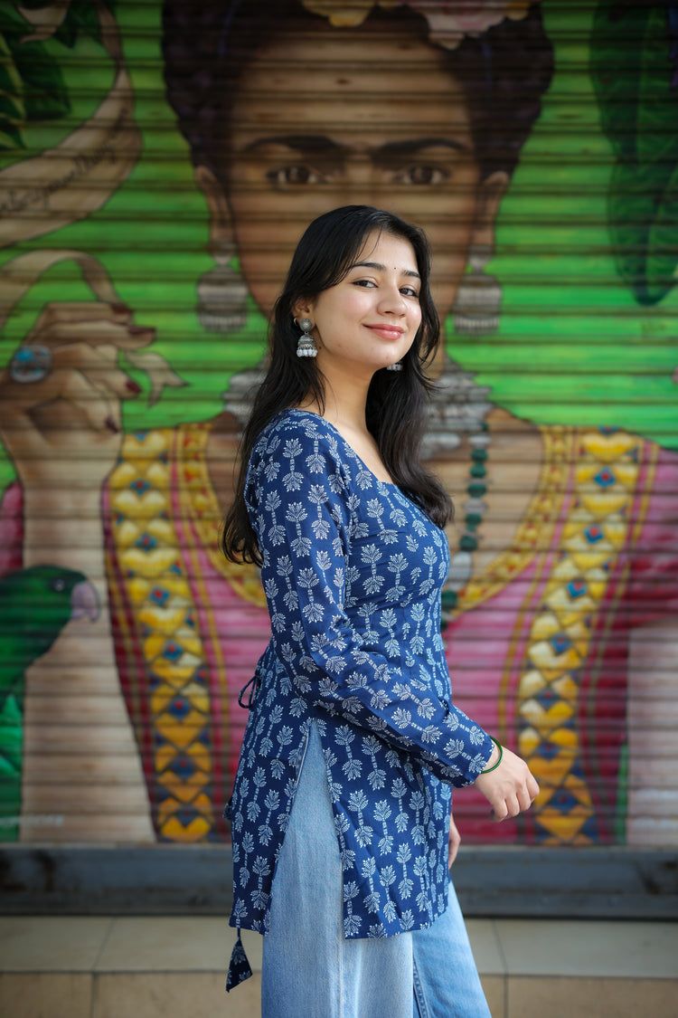 Neelam Hand Block Short Kurti (100% Cotton) // Blue