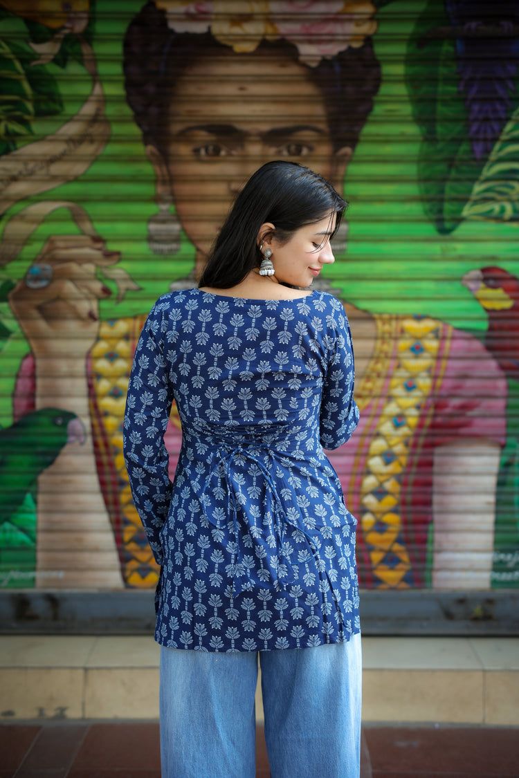 Neelam Hand Block Short Kurti (100% Cotton) // Blue