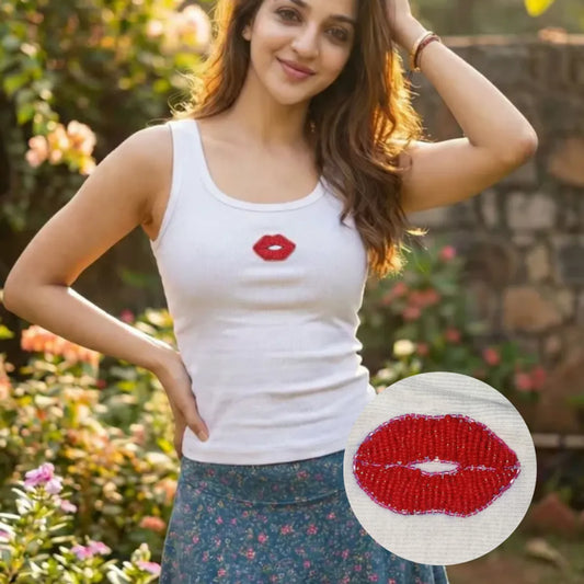 Kiss Beaded Tank Top // White