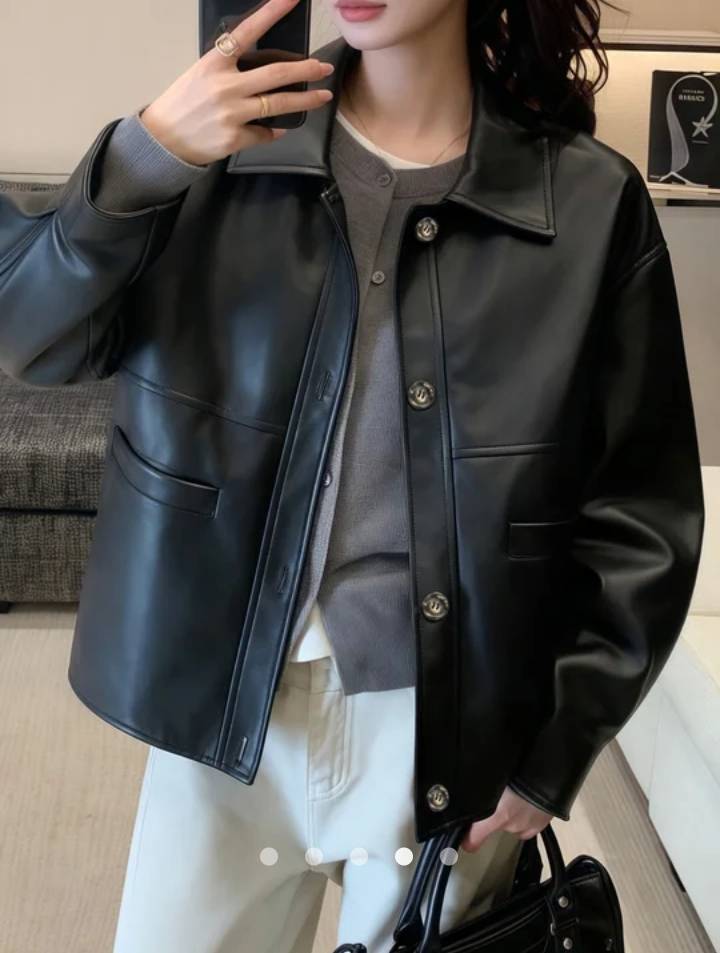Button Faux Leather Jacket // Black