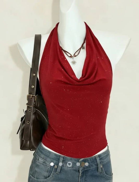 Glitter Draped Halter Top // Burgundy