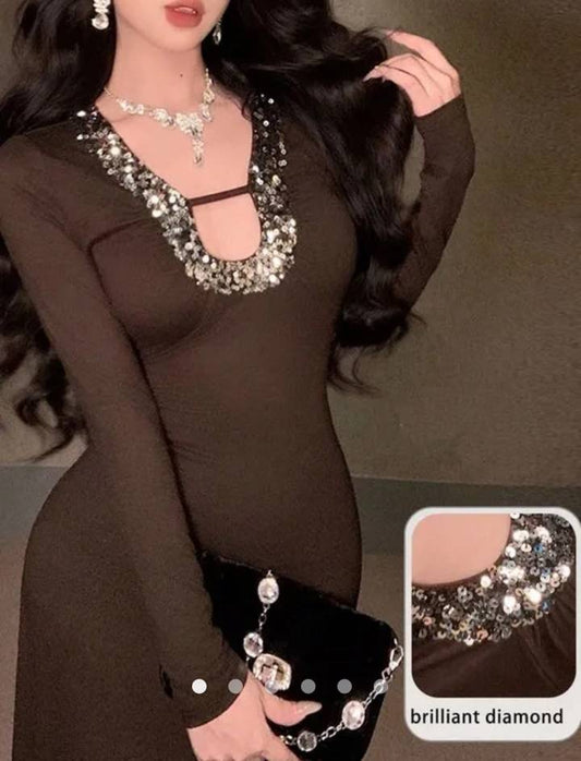 Beaded Bodycon Dress // Chocolate
