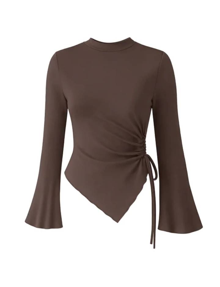 Asymmetric Hem Drawstring Top // Brown