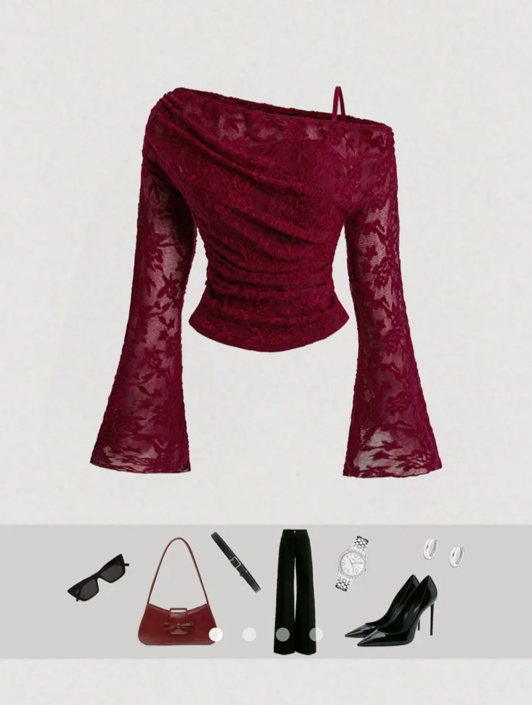 Draped Lace One-Shoulder Blouse // Burgundy