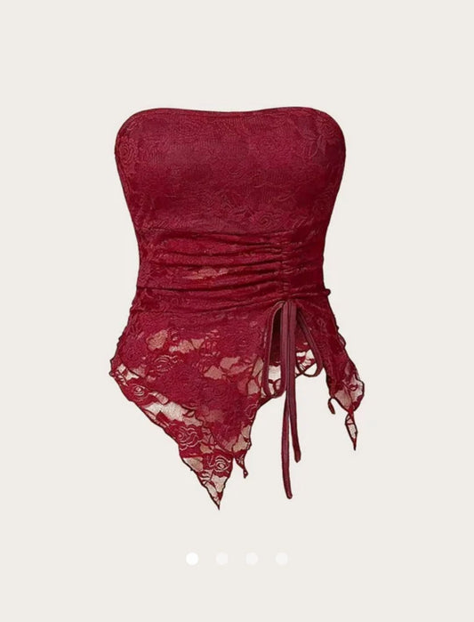 Lace Drawstring Tube Top // Burgundy