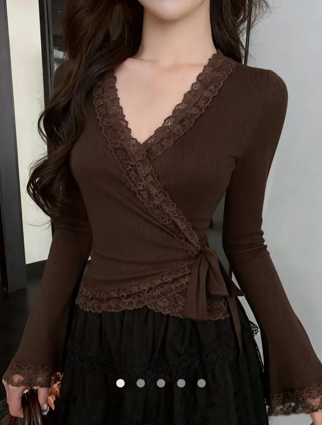Lace -Trimmed Wrap Top // Brown
