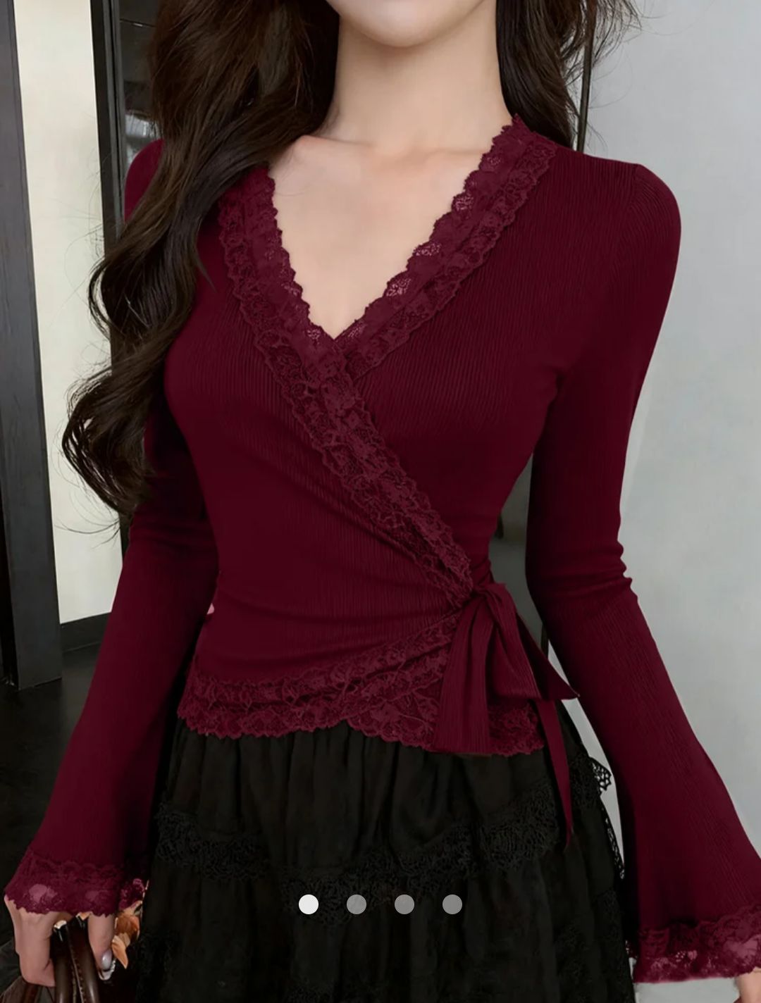 Lace -Trimmed Wrap Top // Burgundy