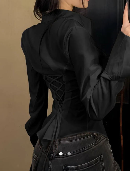 Lace Up Placket Shirt // Black