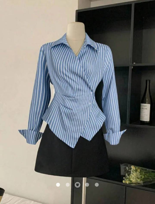 Striped Asymmetric Waist Chinching Shirt // Blue