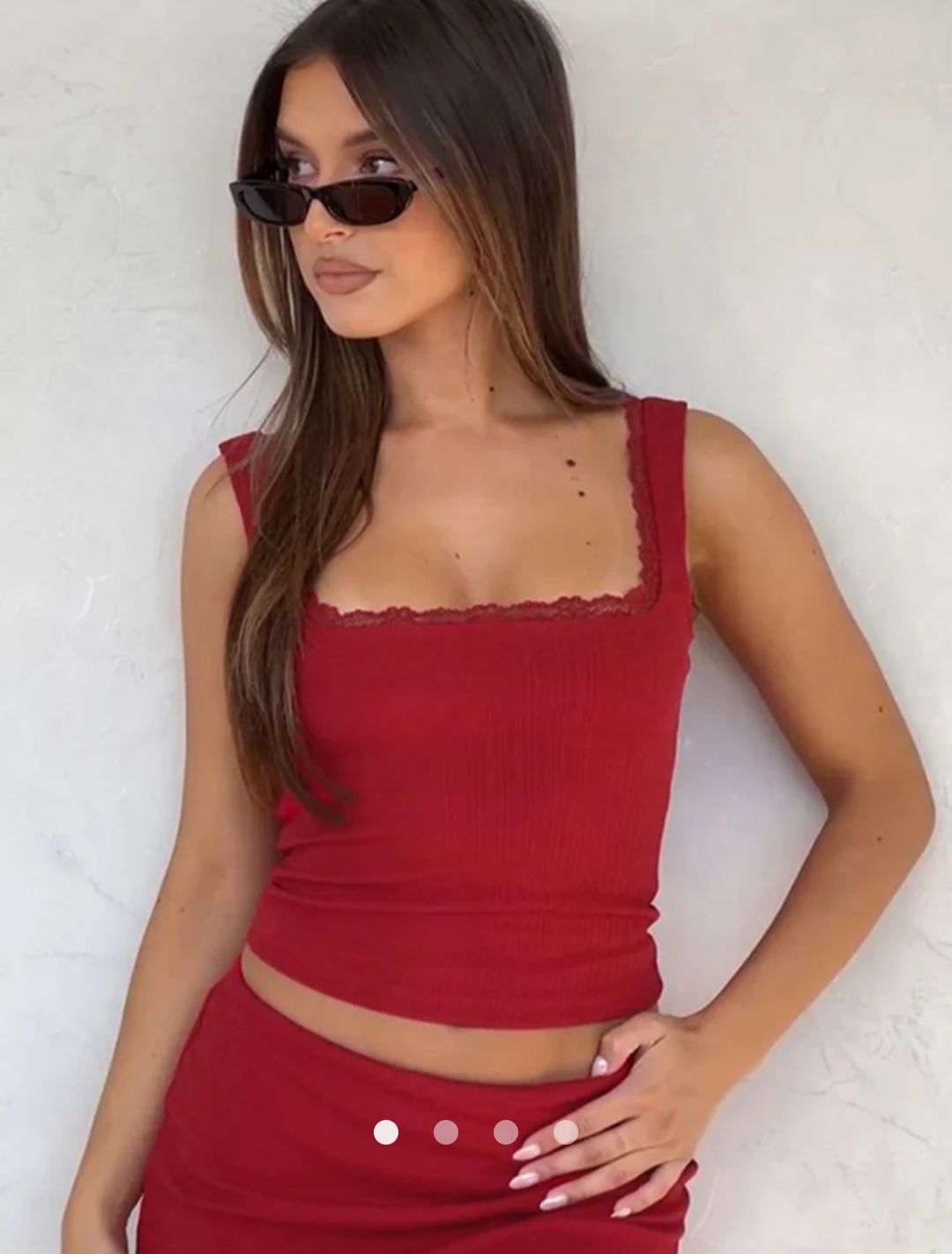 Tank Top Sleeveless Lace Trimmed Top // Red