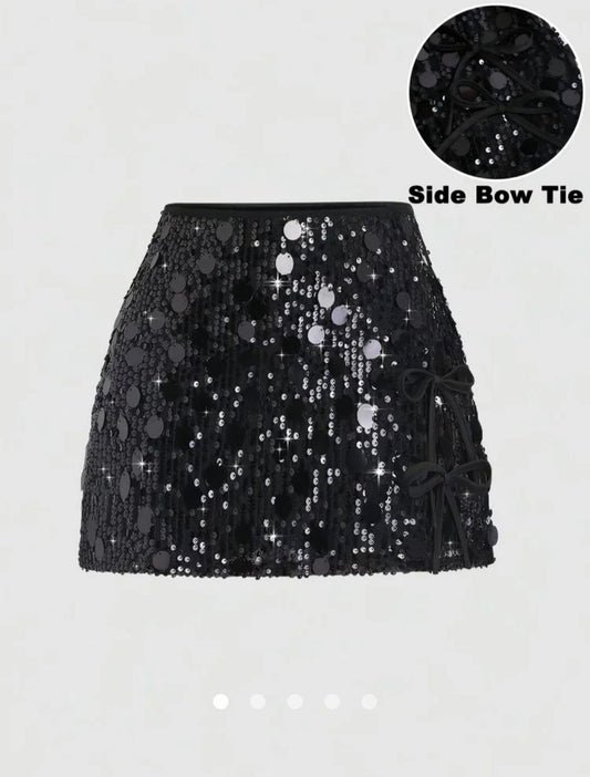 Sequin Mini Skirt With Side Bow Tie // Black