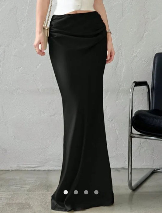 Ruched Detail Satin Maxi Skirt // Black
