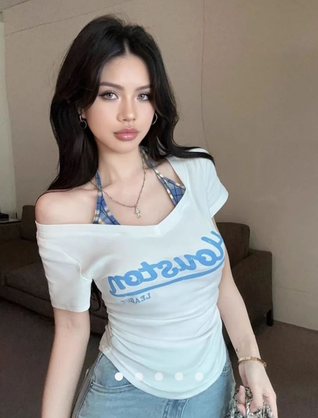 Print Top with Halter Strap // White & Blue