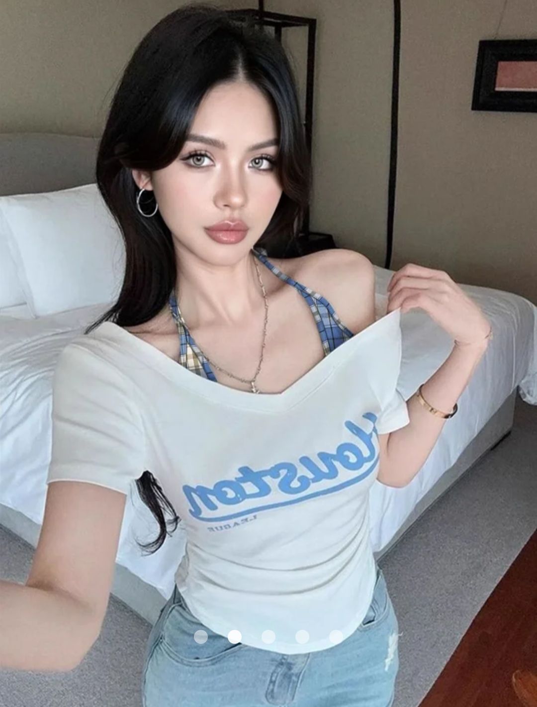 Print Top with Halter Strap // White & Blue